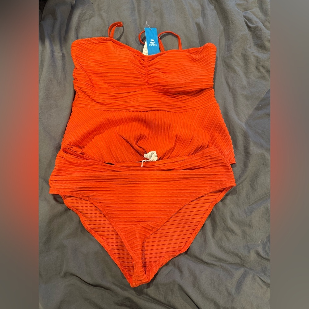Orange Ribbed Swimsuit Set